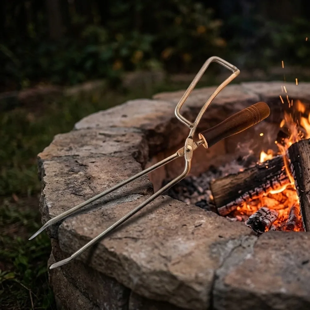 Stainless Steel BBQ Charcoal For Tongs with Extended Duck-Bill Head and Solid Beechwood Handle for Grilling and Fire Management