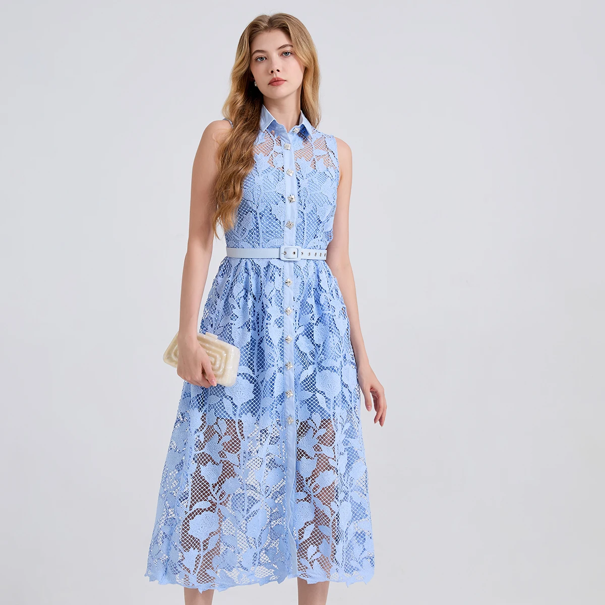 

New Summer Women Turn-down Collar Sleeveless Belt Slim Long Dress High Quality Single Breasted Hollow Out Light Blue Lace Dress
