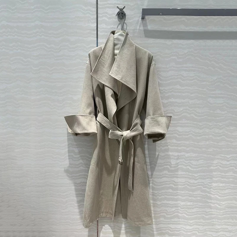 Women\'s trench coat, long irregular lapel jacket, stylish high quality linen fabric top, Fall new 2024, y2k