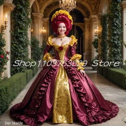 Burgundy Gold Victorian Prom Dresses Fairytale Puffy Long Sleeve Bustle Corset Historical Princess Evening Gown Outfit Costume