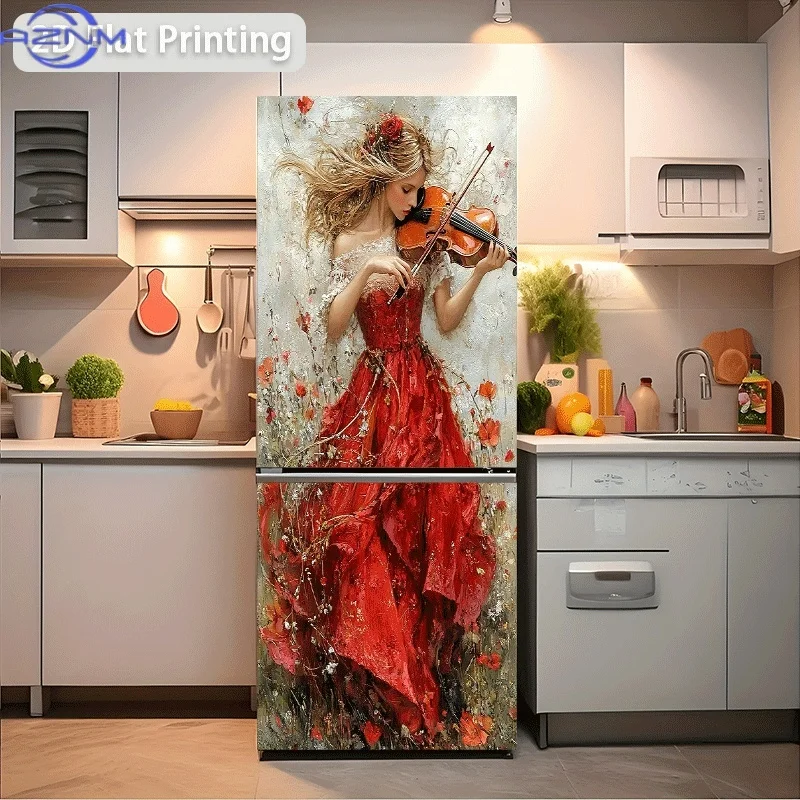 Refrigerator Sticker 60x180cm, Woman in Red Playing the Violin Themed Scene Wall Decal, Self-Adhesive Wallpaper, Suitable for