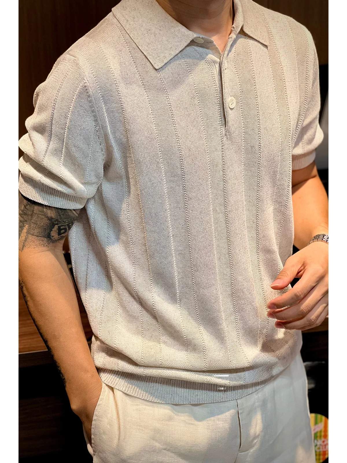 Cleanfit Collared Short Sleeve  Shirt Men's  Linen Knitted Stripe Fashion Urban Lightweight Breathable Summer 
