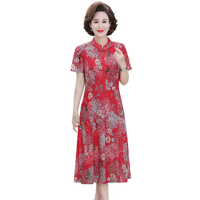 

Mother Printing Cheongsam Dress Summer Dress Female New Middle Elderly Women Short-Sleeved Chiffon Mom Elegant Dresses