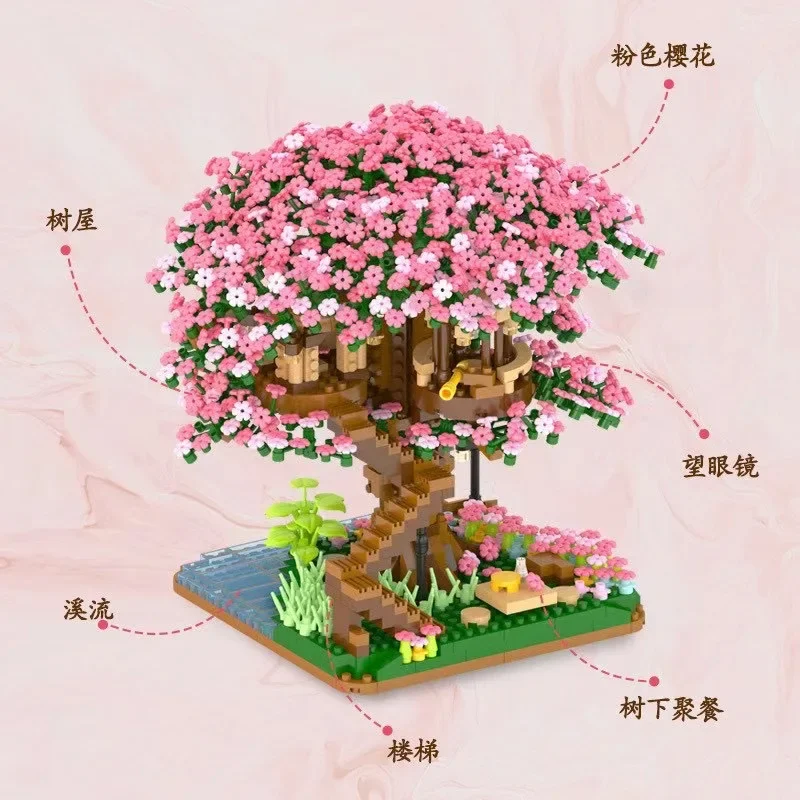 2000Creative Cherry Blossom Tree House Building Blocks City Street View Building Model Micro Assembly Brick Toy Toddler Girl Adu