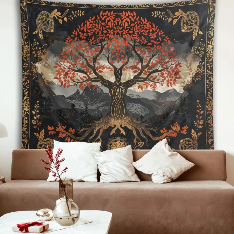 VIKAMA Nordic Tree of Life Tapestry Vintage Black Gold World Tree Living Room Room Decoration Home Decoration