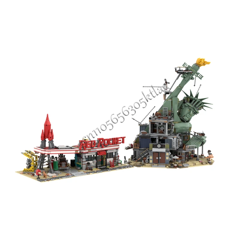 1996 PCS 창의적인 도시 거리 풍경 레드 로켓 모듈식 주유소 (폴아웃 MOC 빌딩 블록 모델 장난감) 어린이 크리스마스 선물