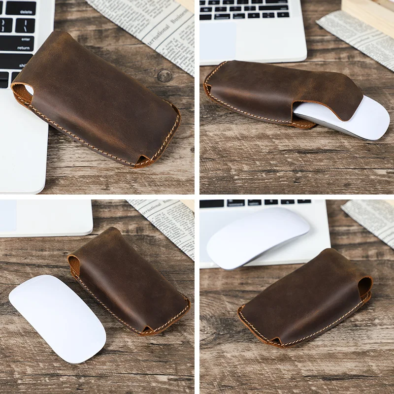 Handmade Durable Pouch Cover Bag Apple Magic Mouse Anti-Scratch Shockproof Vintage Genuine Cow Leather Mouse Protective Sleeve