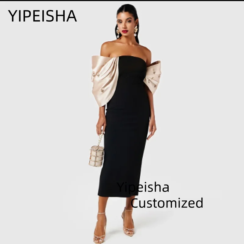 

Customized Elegant Vietnamese Designed Beads Prom Dress with Large Bow Tie Wrap around Body Tea Length Party Evening Gowns