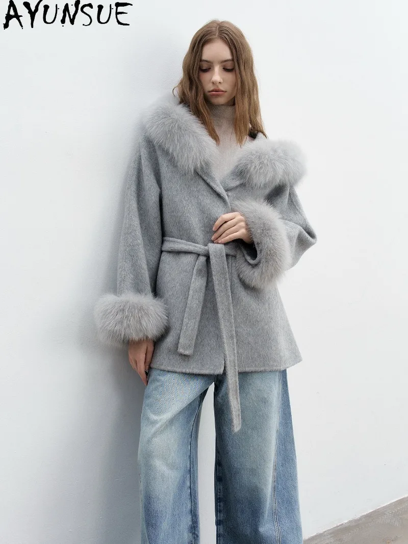 AYUNSUE Women Double-faced Wool Coat Natural Fox Fur Turn-down Collar Mid-Length Clothes Luxury Fashion Ropa De Invierno Mujer