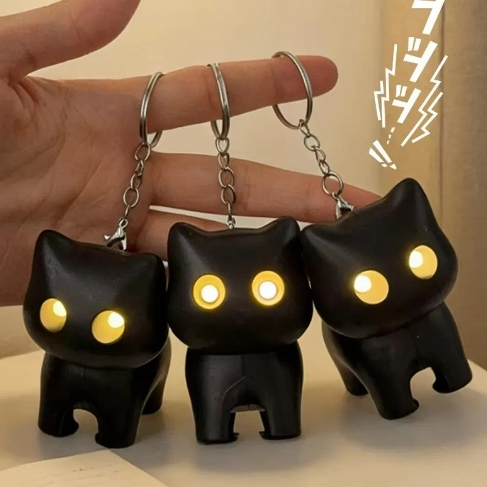 Cute Portable Cat Night Light Keychain Novelty Creative Mini Flashlight Key Ring Black Cartoon Animal Car Ornament Birthday Gift