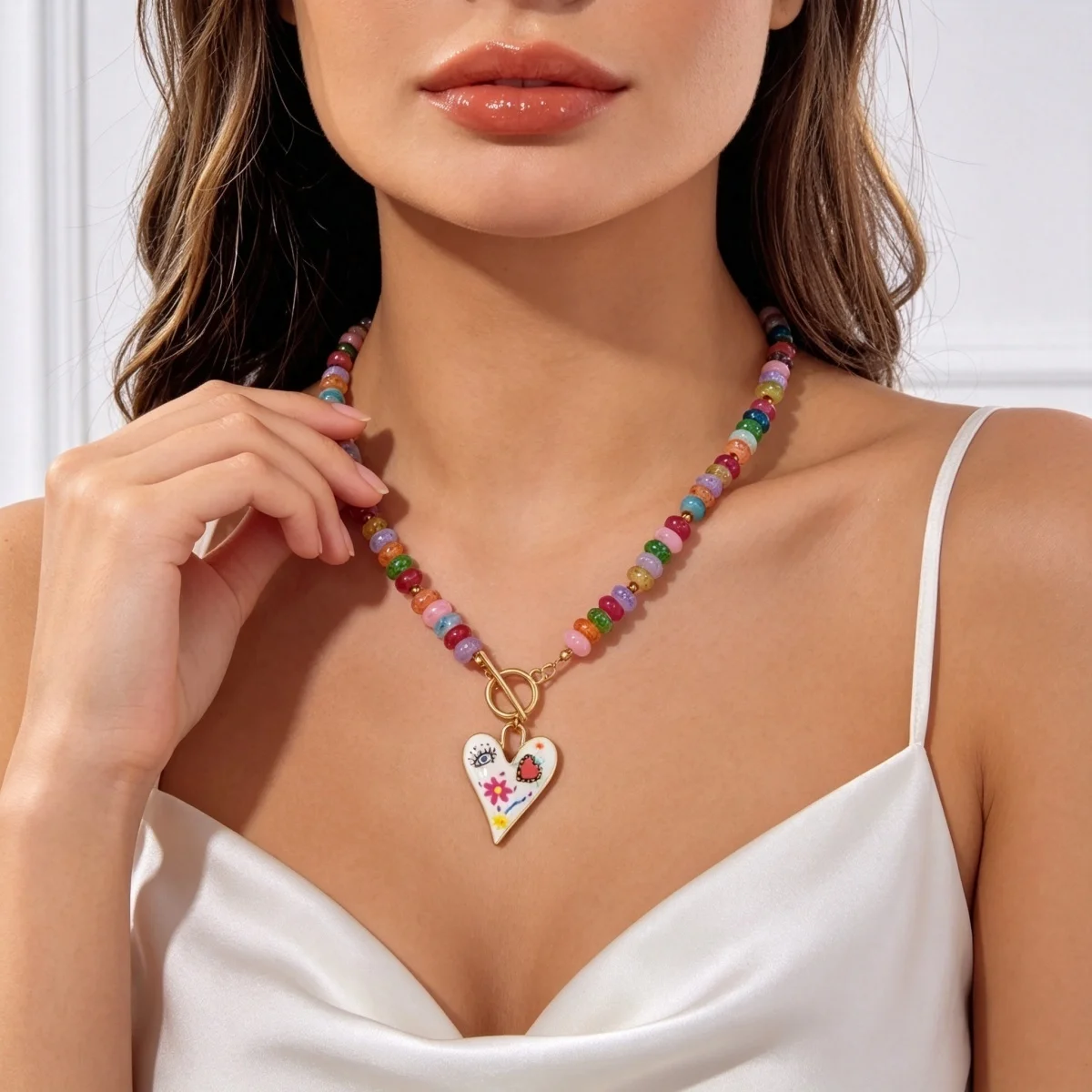 Dopamin Bunte Glas-Flachperlen Graffiti-Blumen-Herz-Anhänger Halskette für Frauen Männer Y2K Vintage OT-Schnallen-Choker Schmuck – Detail 11