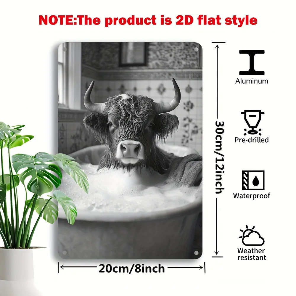 1PC Highland Cow Bagno Vintage Ferro Targa in metallo Decorazione da parete per bagno divertente adatta per la casa e l'arredamento del bar 8x12 pollici