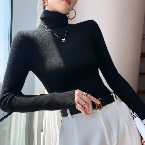 سترة نسائية محبوكة بأكمام طويلة بلوفرات نسائية بياقة مدورة أبيض وأسود سترة متماسكة بلوفر نسائي علوي Sueter Feminino Q961 #5