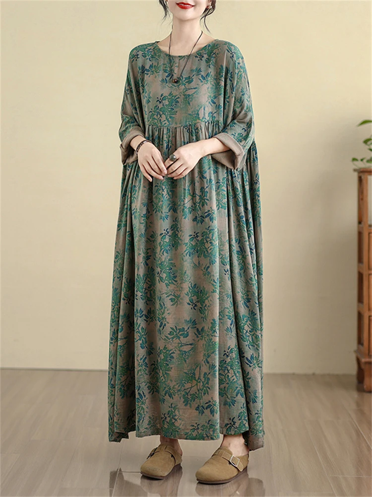 Oversize 코튼 빈티지 캐주얼 루즈 그린 프린트 꽃 드레스 여성용 긴 소매 드레스 Femme Robe Vestidos 우아한 의류