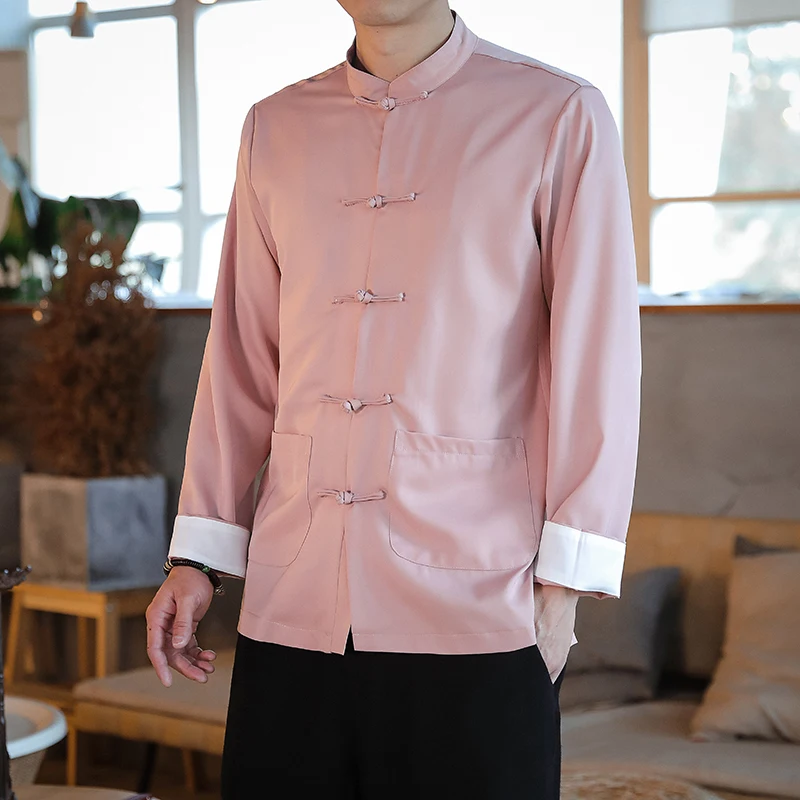 Chinese Style Gray Men's Long Sleeve Shirts, Black Stand Collar Single-Breasted Shirt, Blue Asian Size Loose Fit Top.