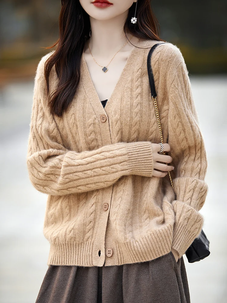 

2026 Spring Autumn Women's Preppy Style Casual Loose Sweater 100% Merino Wool Knitted Cardigan Cable Knit Sweater V-Neck Tops