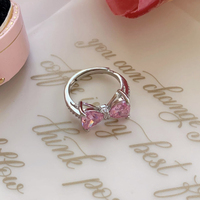Fashion Romantic Pink Crystal Bowknot Rings Sweet Exquisite Y2K Opening Finger Ring Girls Birthday Party Jewelry Accessories