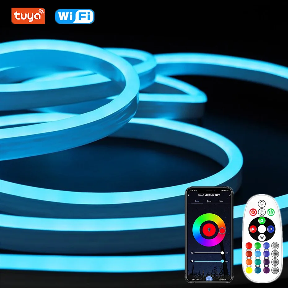 

Светодиодная неоновая лента RGB 220В, 1-100м, с управлением Tuya WIFI и Bluetooth, вилка EU/UK, 72 светодиода/м, водонепроницаемая, для наружного и домашнего декора