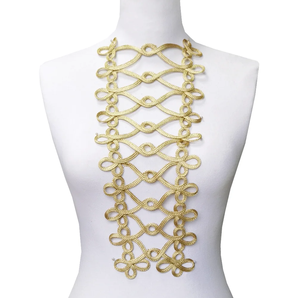 Ręcznie robione złote naszywki z aplikacjami Odzież Złota naszywka na szyję Uniform Knot Buttons Cord Embroidery Baroque Appliques Clothes AC1613