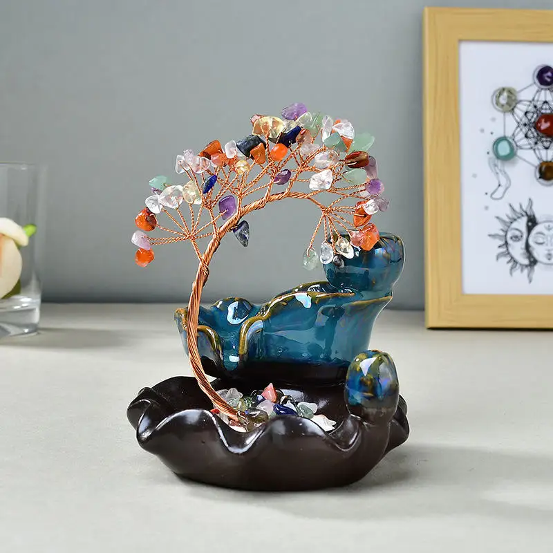 Natural Rainbow Crystal Shattered Stone Craft Artwork Crystal Tree Handmade Incense Holder Home Decor Decorative Items