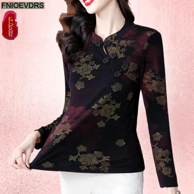

Office Shirts Velvet Basic Wear New Design Women 2024 Autumn Winter Work Lady Retro Vintage Tops Long Sleeve Flower Print Shirts