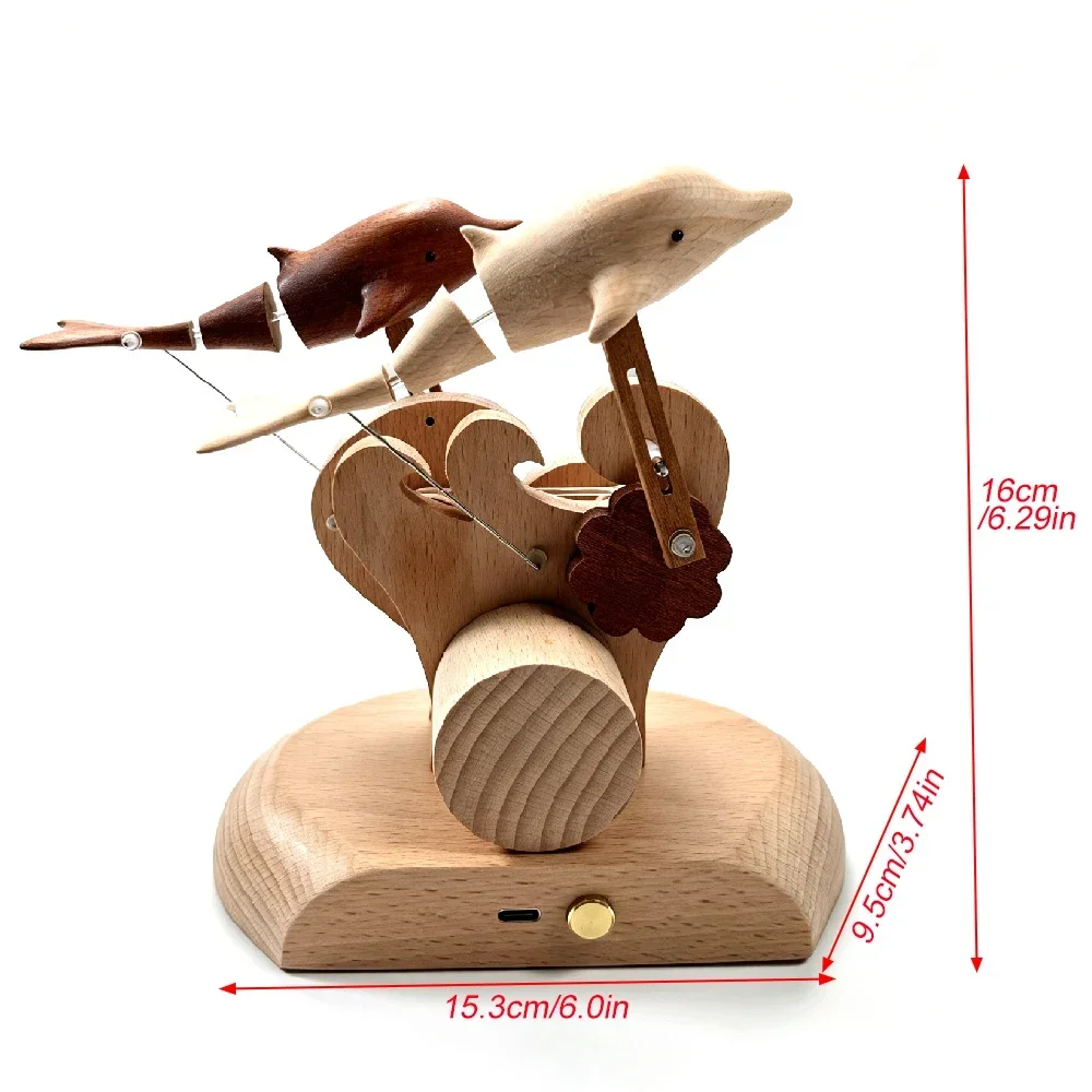 Marine Art Wooden Dolphin Automaton, Dynamic Kinetic Sculpture with Swimming Motion, USB Rechargeable, Desktop Decoration