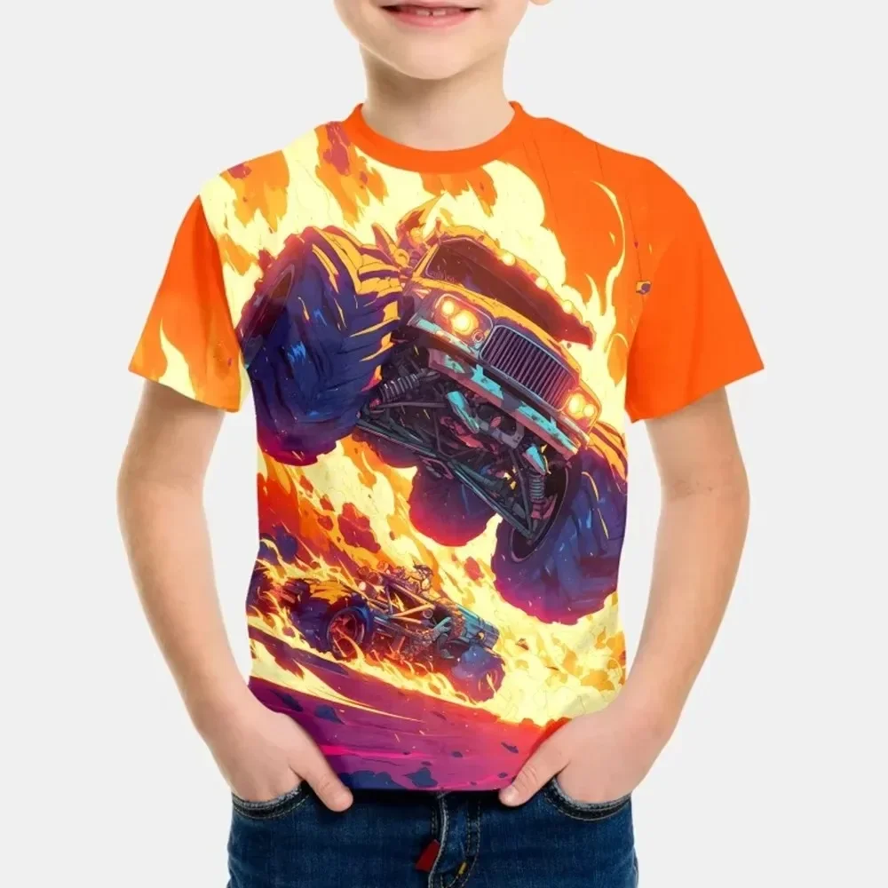 3D Print Cartoon Big-Wheel Car T-Shirt for Boys Car Lover Outdoor Kids Clothes Summer Short Sleeve Boy Clothing Child Tops