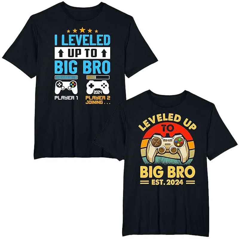 

Promoted To Big Bro Est 2024 Shirts Leveled Up To Big Brother 2024 T-Shirt Pregnancy Announcement Sayings Boys Graphic Tee Tops