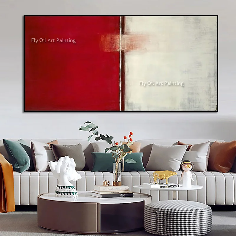 

Hand Drawn Red White Abtsract Canvas Thick Oil Painting Large Special Popular Blue Yellow Simple Wall Art Decor Items For Room