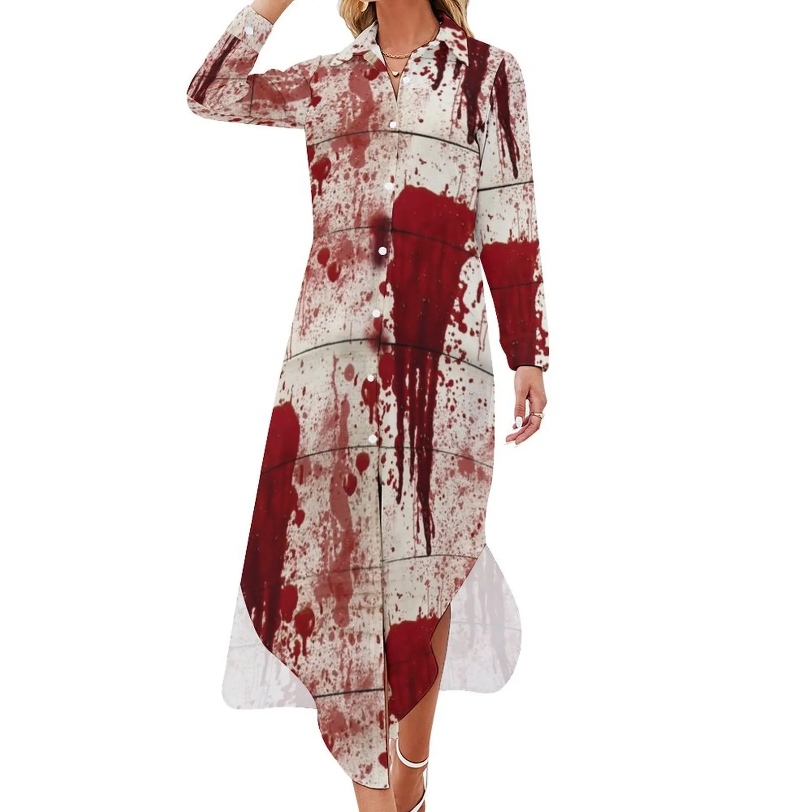 

Bloody Crime Scene Halloween Long Sleeved Shirt Dress Women dresses summer Women's summer skirt