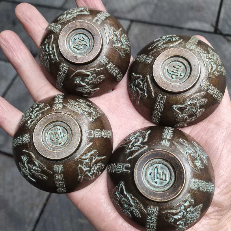 Antique Bronze Ware Collection Brass Fu Lu Shou Xi Small Bowl Set Patina Old Taoist Home Tea Ceremony Ornament