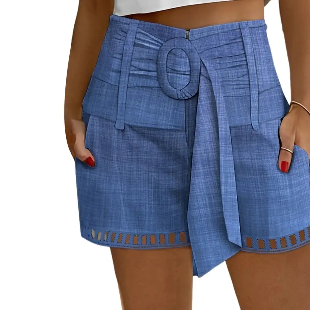 Summer Women Shorts Hollow Out Belted Adjustable Mid Waist Zipper Closure Side Pockets Print Straight Slim Mini Shorts