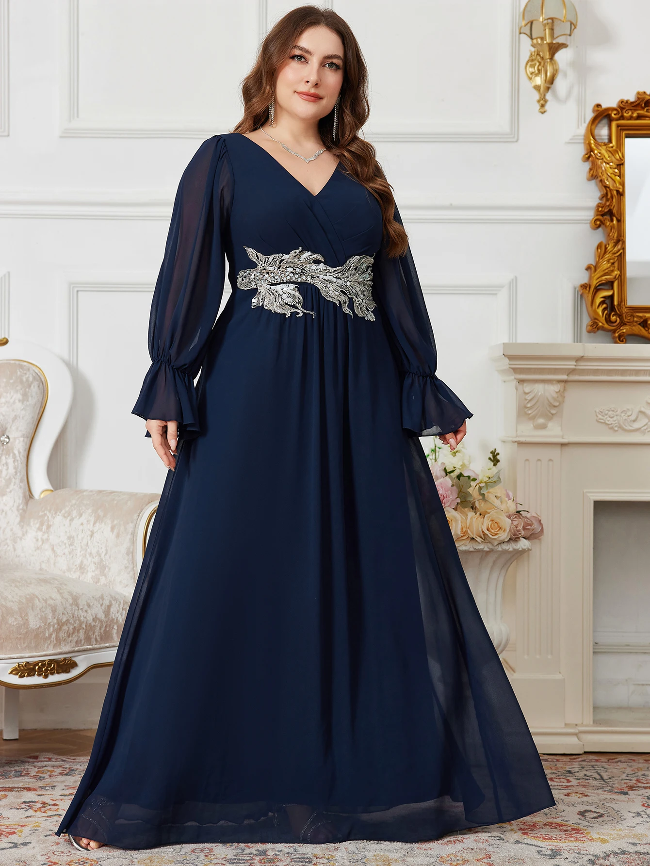 

UNITHORSE Plus Size V-Neck Embroidered Waist Long Sleeve Chiffon Evening Dress Gown for Women