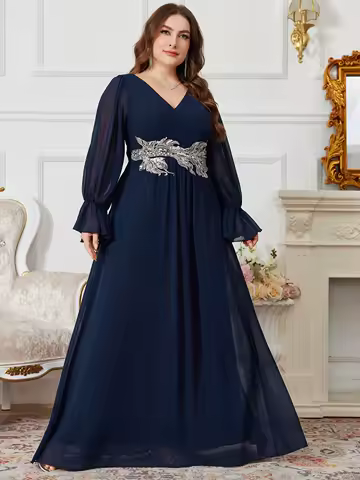 UNITHORSE Plus Size V-Neck Embroidered Waist Long Sleeve Chiffon Evening Dress Gown for Women