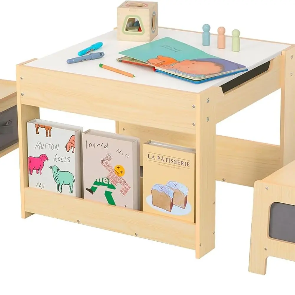 

All-in-One Toddler Desk and Chair Set for Ages 3-7, with Whiteboard, Blackboard, Storage, and Book Rack for Kids' Playroom and N