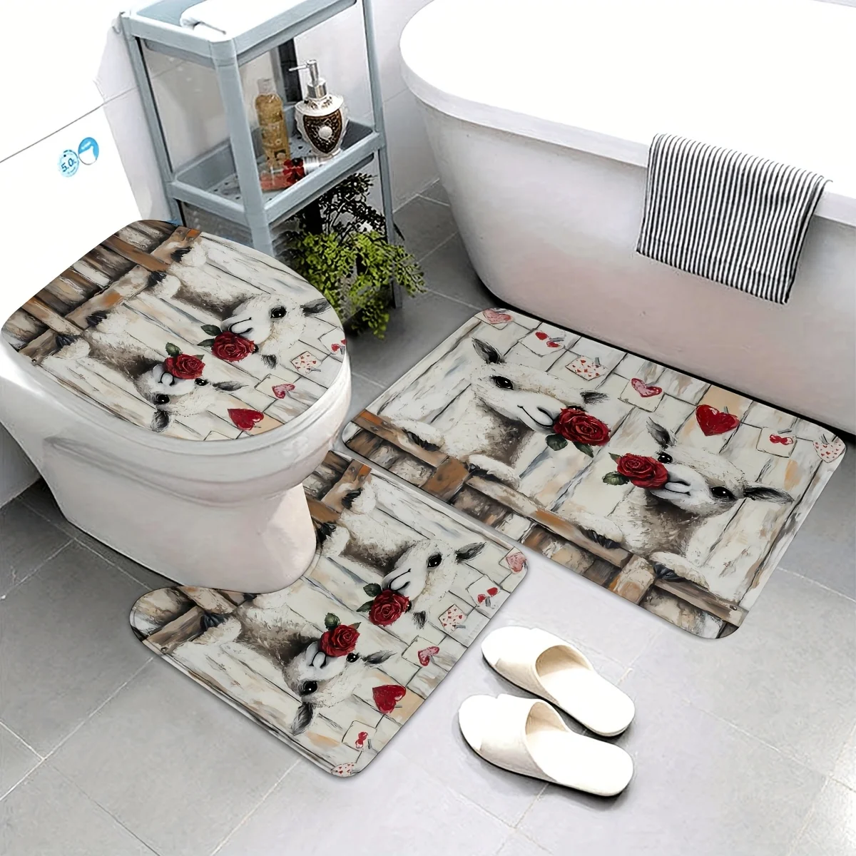 

3-х предметный набор для ванной комнаты из альпаки и розового сердца ко Дню святого Валентина — включает коврик для ванны U-образный коврик для унитаза и чехол, можно стирать в машине