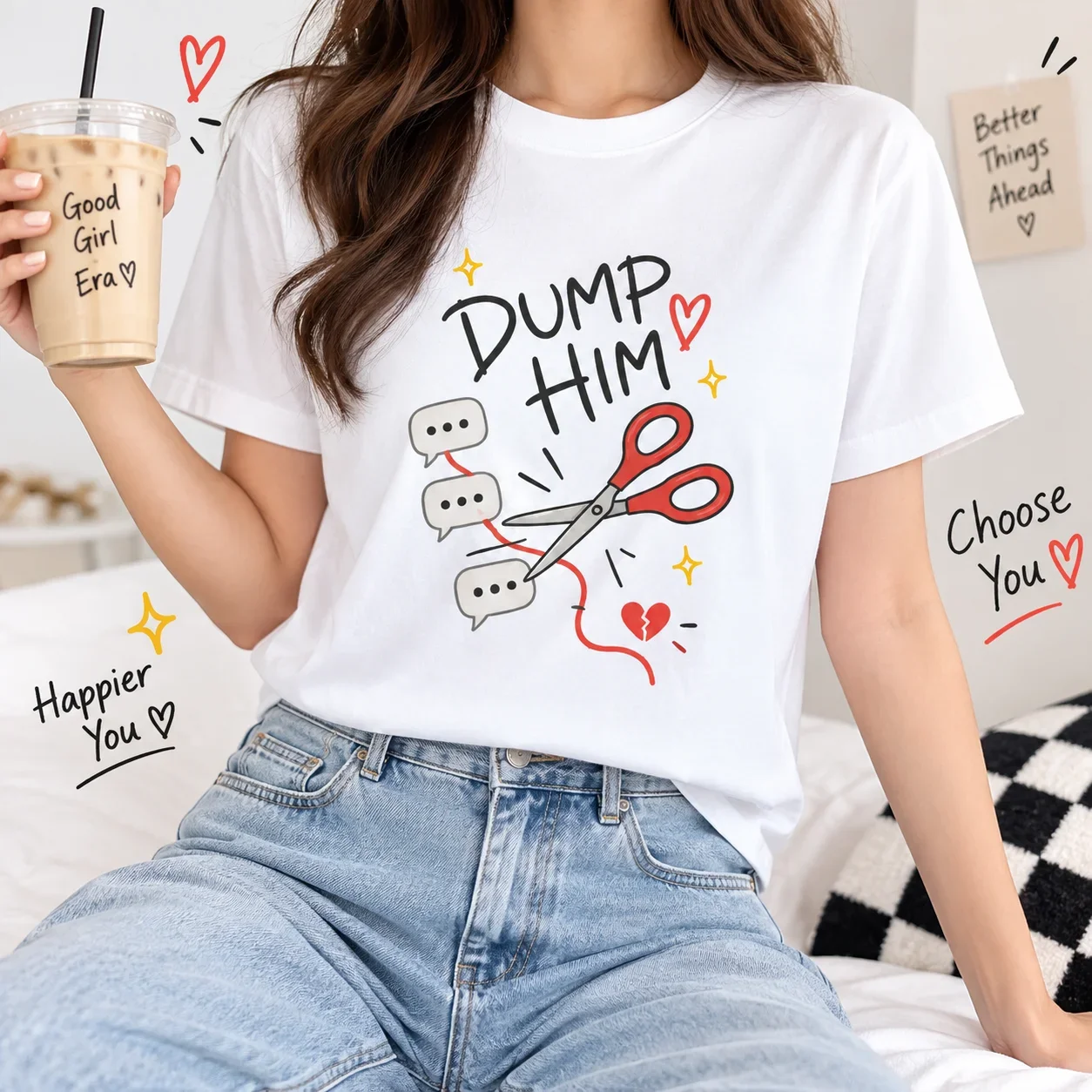 Heavyweight Cotton Funny Women Oversized T-Shirt Dump Him Scissors Graphic Y2K Breathable Casual Streetwear Clothes