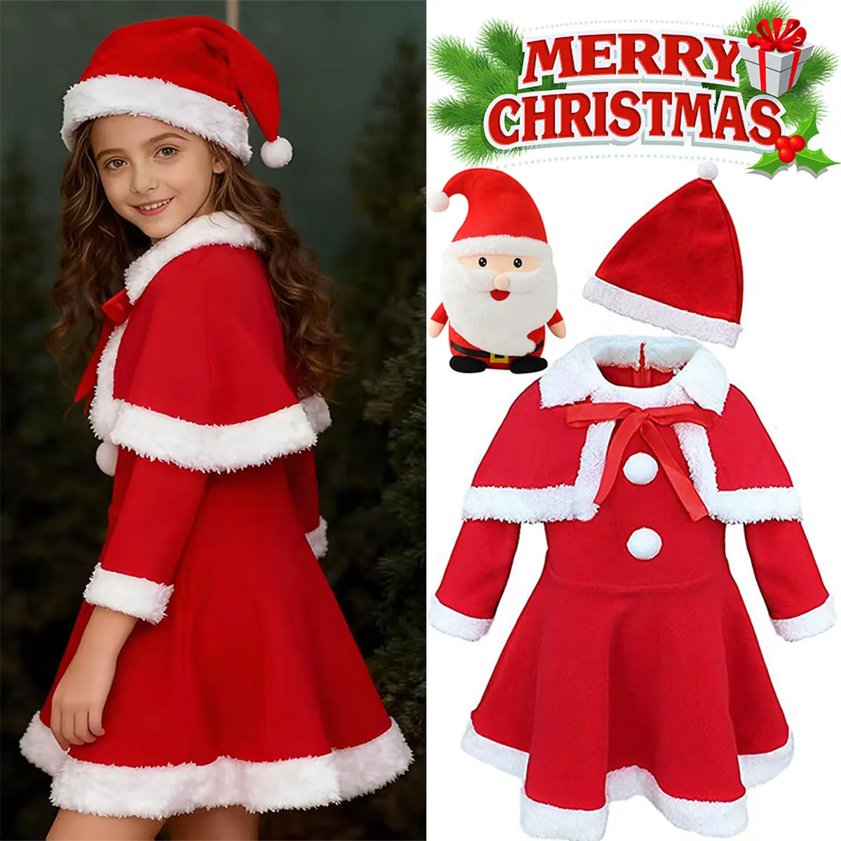 

2025 Winter Christmas Festival Girl Cosplay Santa Claus Warm Dress + Cape Hat Dress Classic X-Mas Suit Christmas Cute Baby Dress