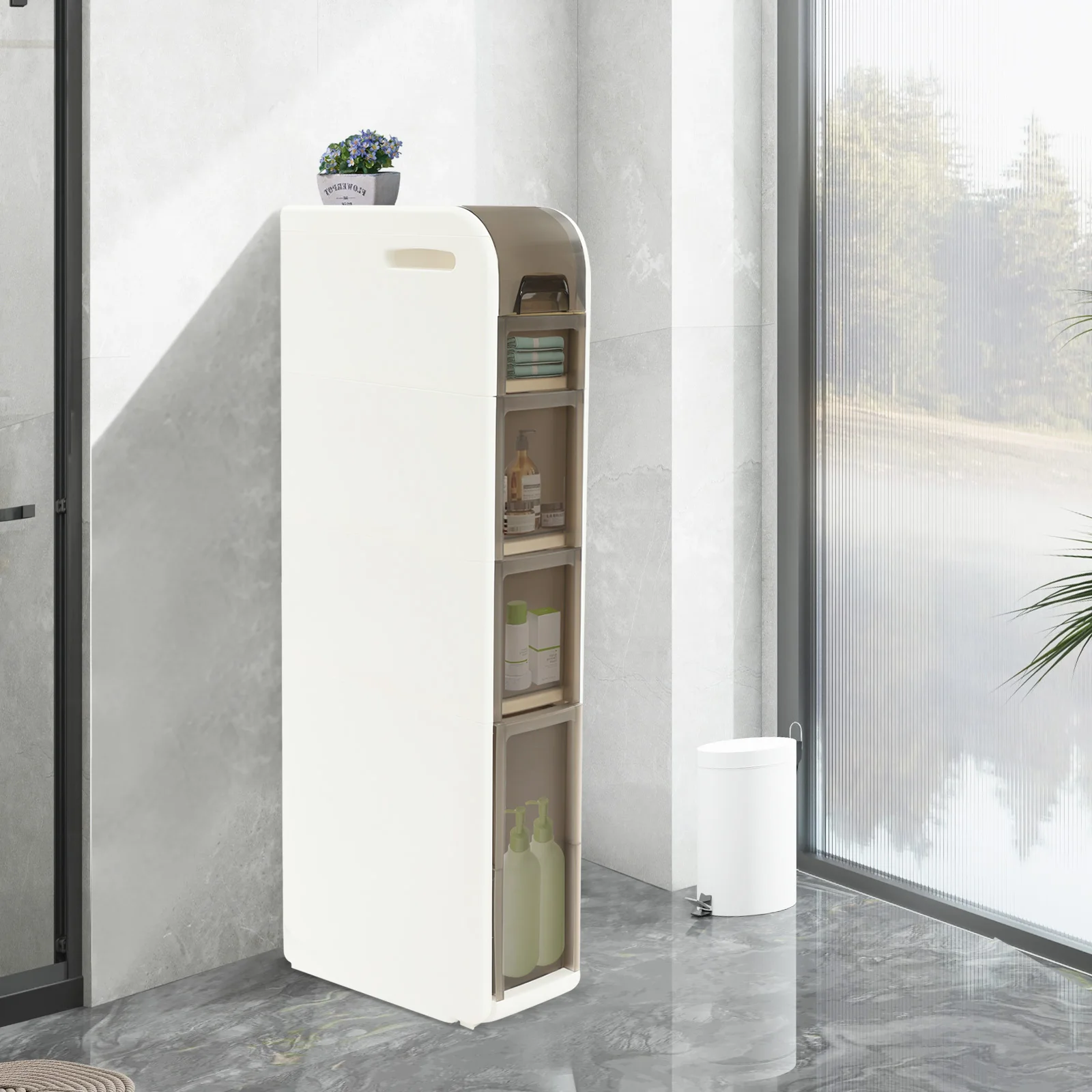 

Slim Bathroom Storage Cabinet Modern Movable Bathroom Floor Narrow Cabinet Space-Saving Design