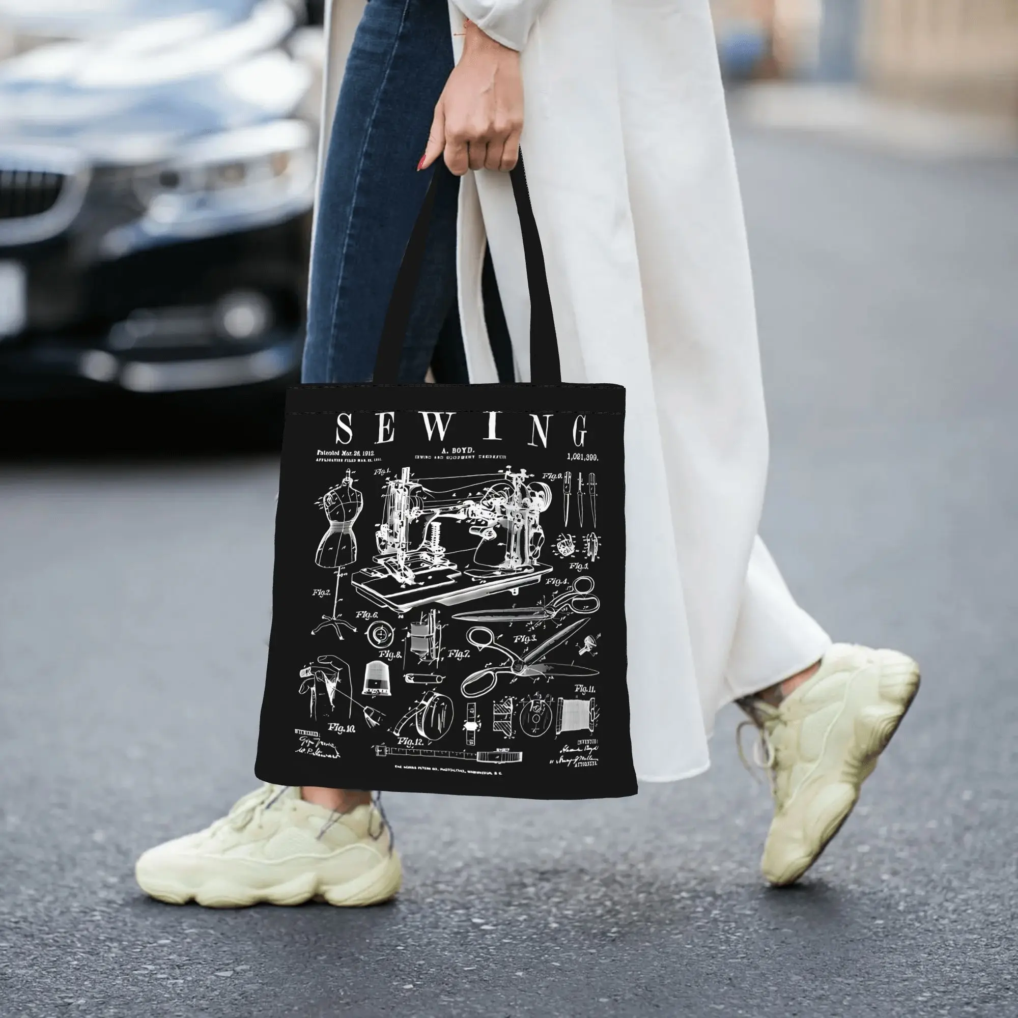 Reusable Trendy Sewing Machine Quilting Quilter Crafter Patent Print  Shopping Bag Women Tote Bag Portable  Shopper Bags