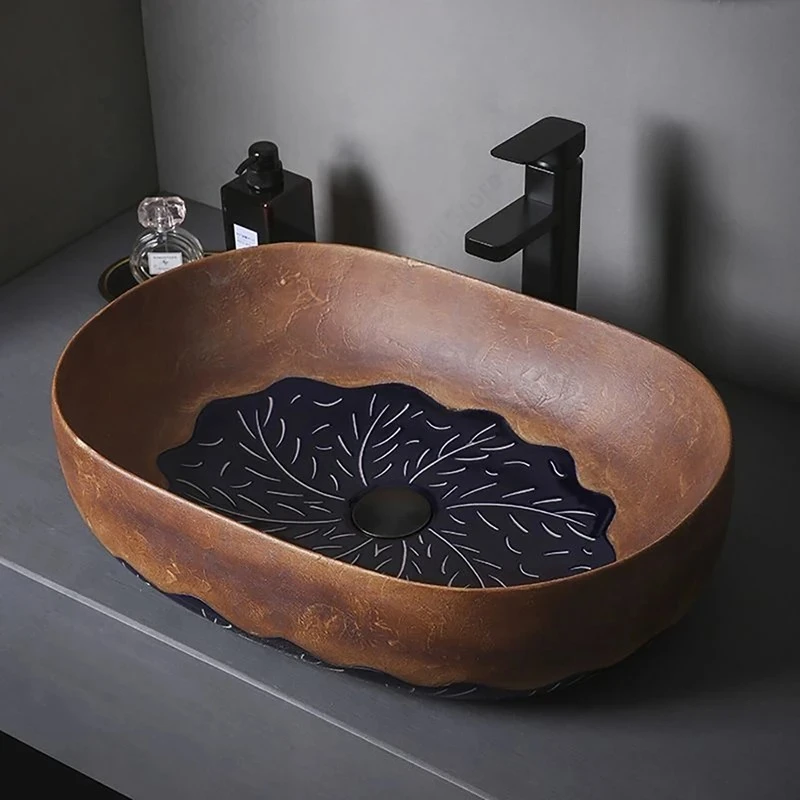 Above Counter Wash Basin Countertop Vessel Sink Brown Art Basin Bowl Ceramic Table Sink Bathroom Balcony Lavatory Vanity Sink