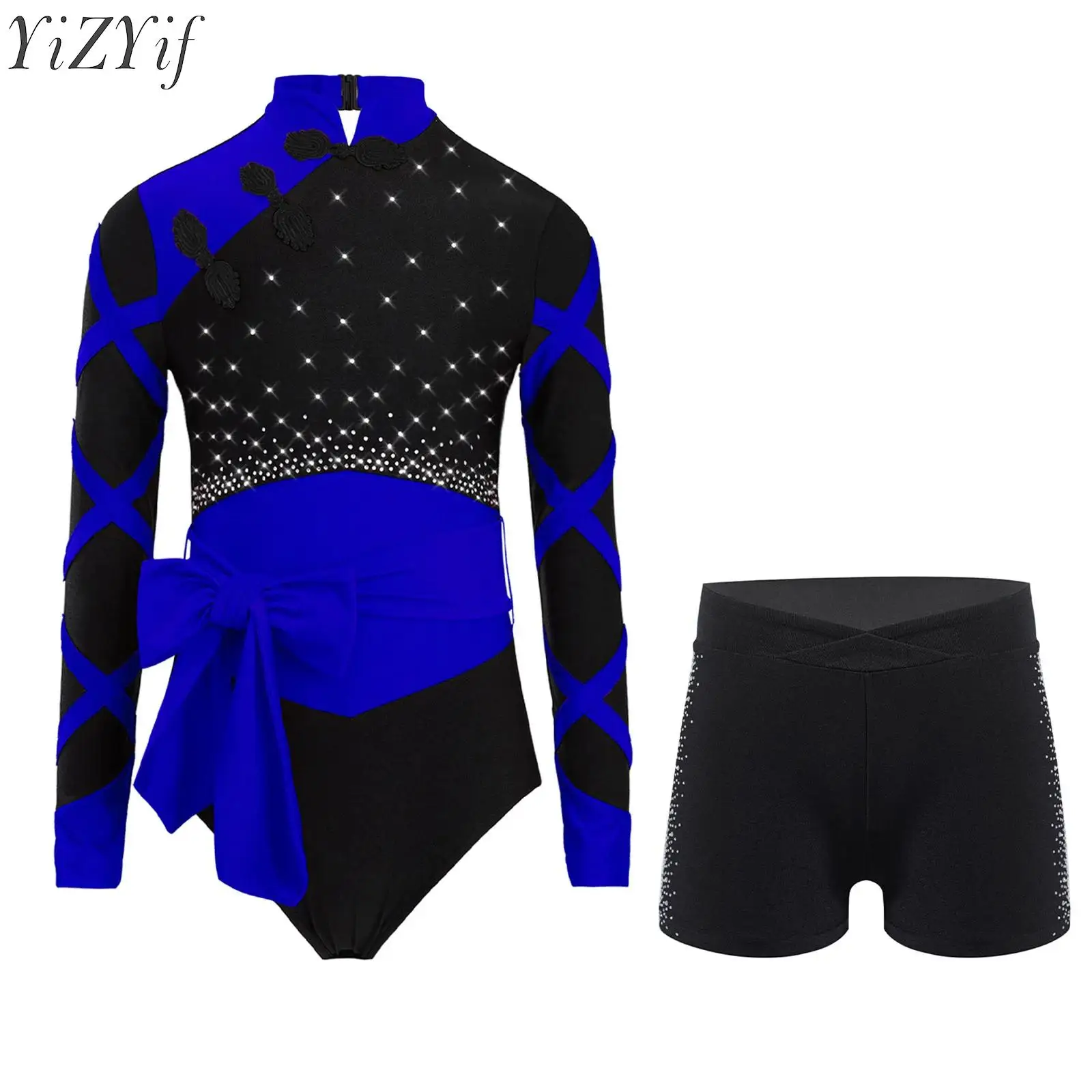 

Kids Girls Ballet Gymnastics Sets Sports Tracksuit Chinese Style Knot Leotard with Belt and Shorts Suits Rhinestones Bodysuit