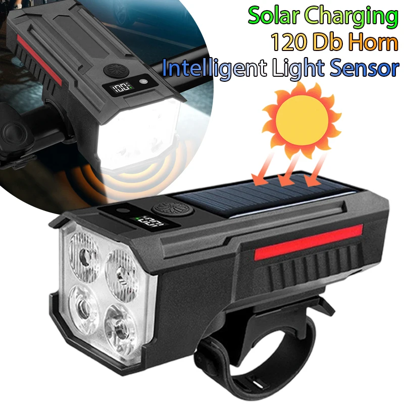 Solar Bicycle Front Lights Type-c Charging Headlight Intelligent Light-sensing Bike Front Lamp with 120 Decibel Horn Bike Part