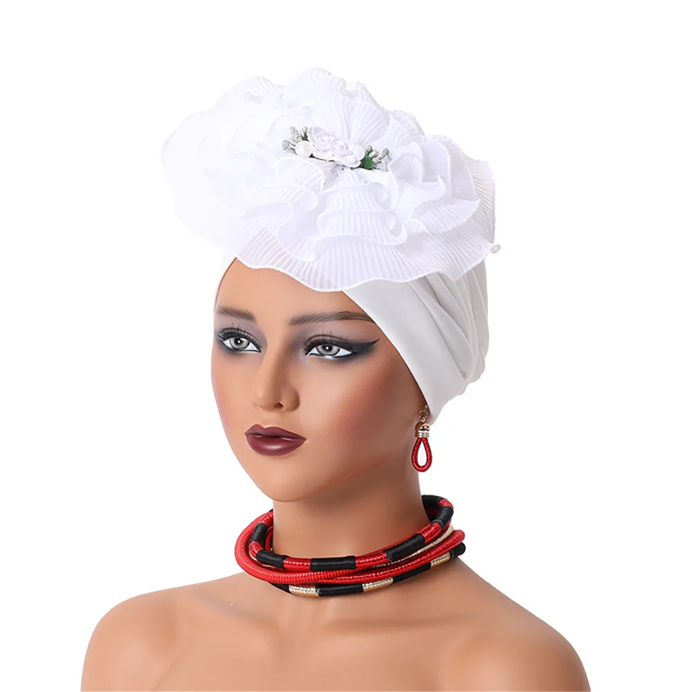 Big Flower Turban Cap for Women Pleated Head Wraps African Auto Gele Headtie Nigeria Wedding Party Headpiece