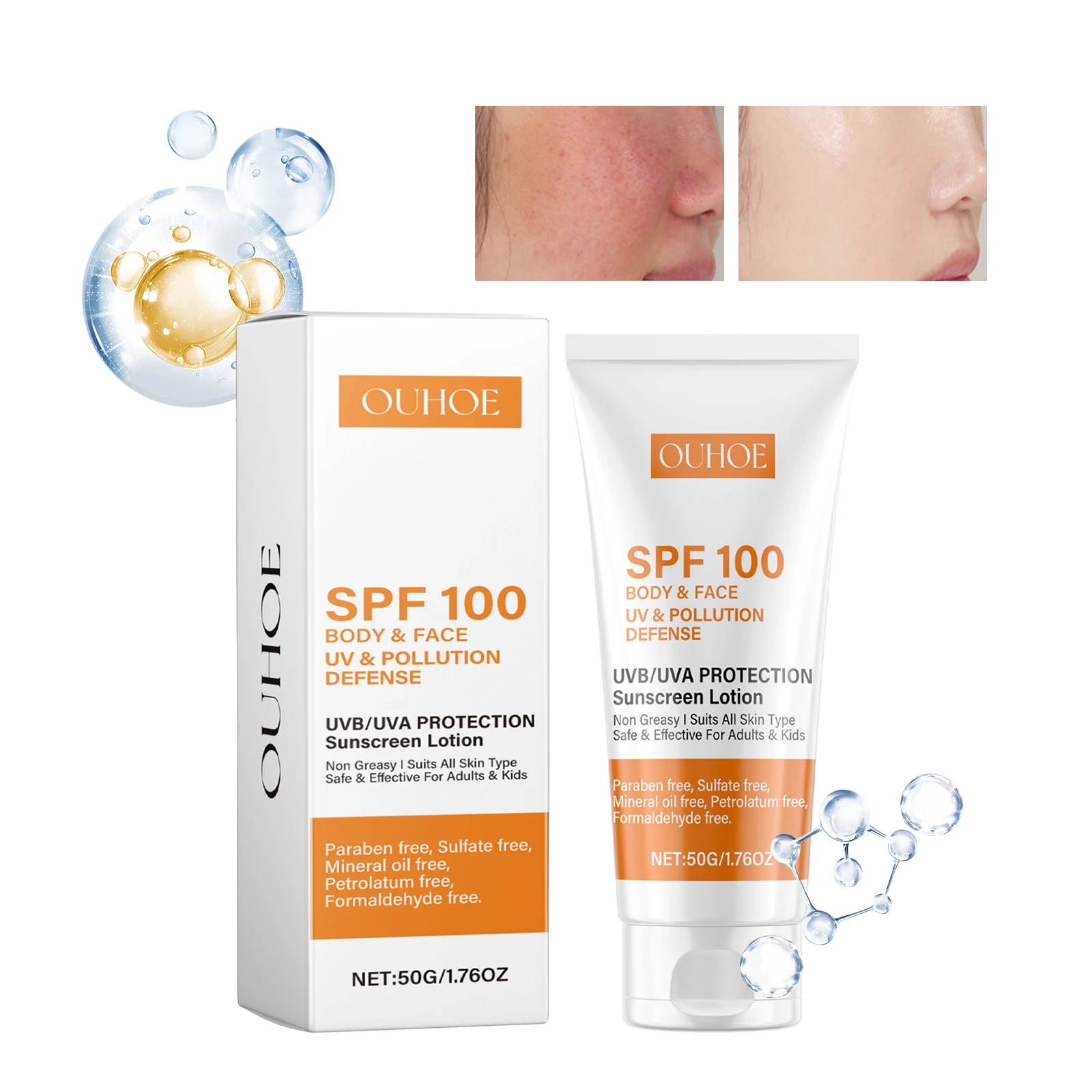 Facial Body Sunscreen Non-Greasy SPF 100+ Sunblock UV Shield Lightweight Facial Protection Lotion Oil-control Moisturizing