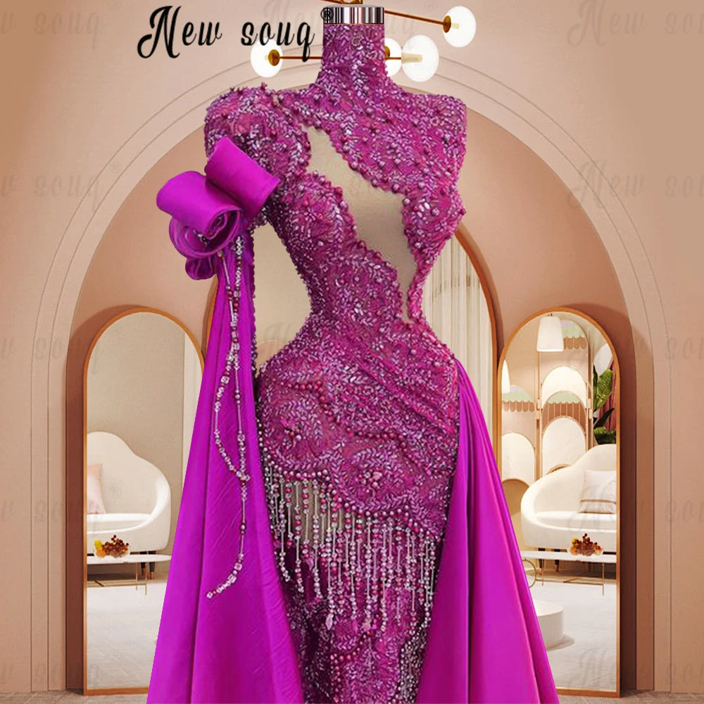 Arabic Fuchsia Long Cape Sleeve Prom Dresses Beaded Lace Appliqued Evening Dresses Women Luxury Vestidos Novias Boda Party Rober