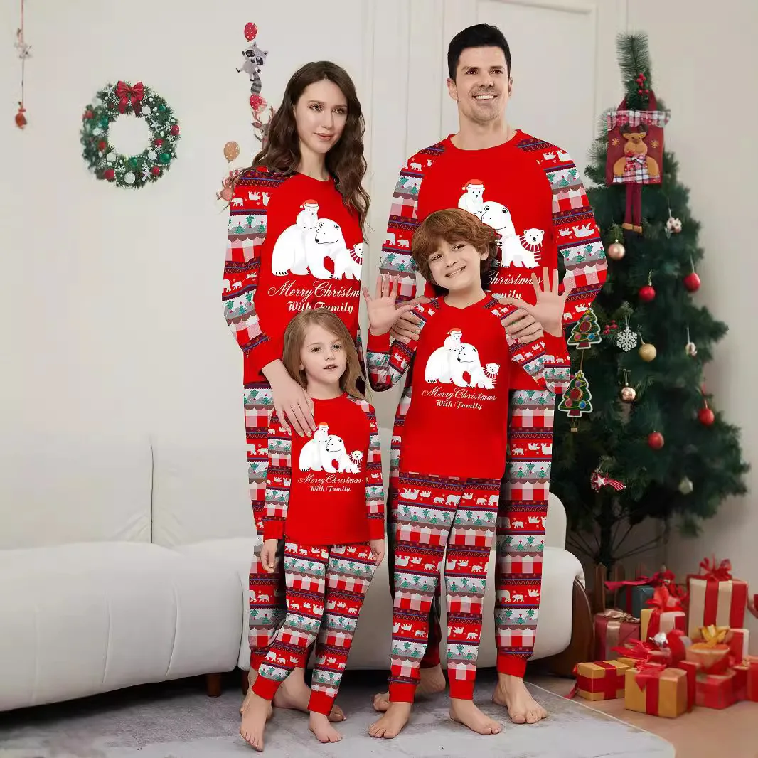 

Family Christmas Pajamas Set Red Bear Long Sleeve Tops Pants For Parent-Child Outfit Xmas Sleepwear Festive Homewear Family Look