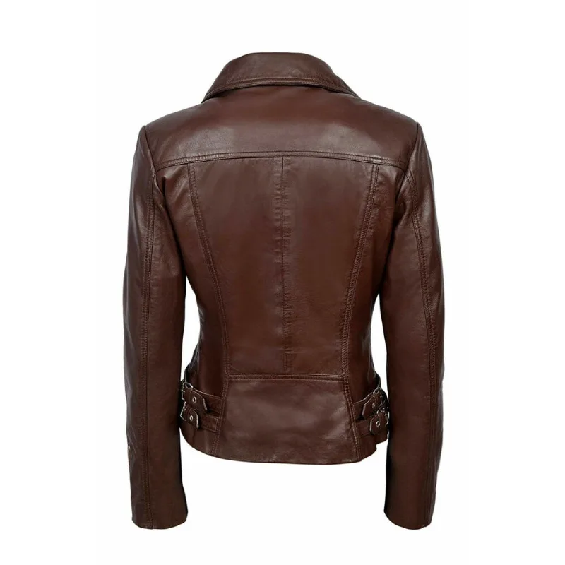 Women's Authentic 100% Lambskin Leather Brown Jacket Slim Fit Biker Stylish Coat