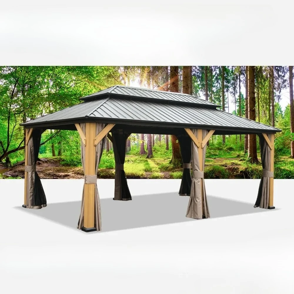 

L # 12’ X 20’ Hardtop Gazebo Outdoor Aluminum Wood Grain Gazebos With Galvanized Steel Double Canopy For Patios Deck Backyard