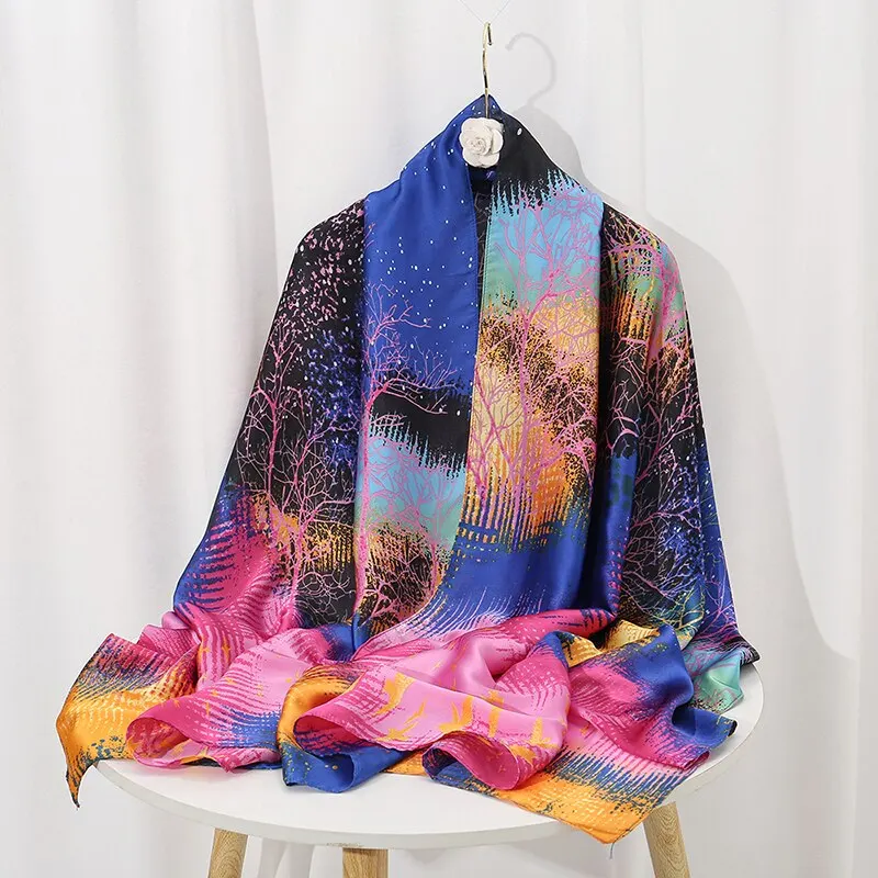 New Printed Imitation Silk Shawl Super Long Scarf Women Multi-Functional Scarf Wrap Color Forest Series 180*86cm